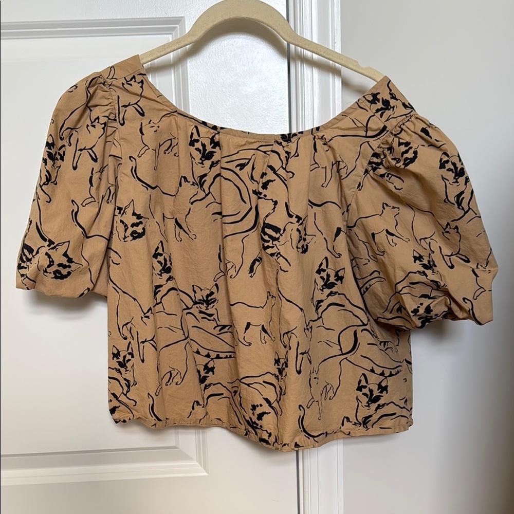 Maeve Cat Print Tan and Cream Ruffled Crop Blouse